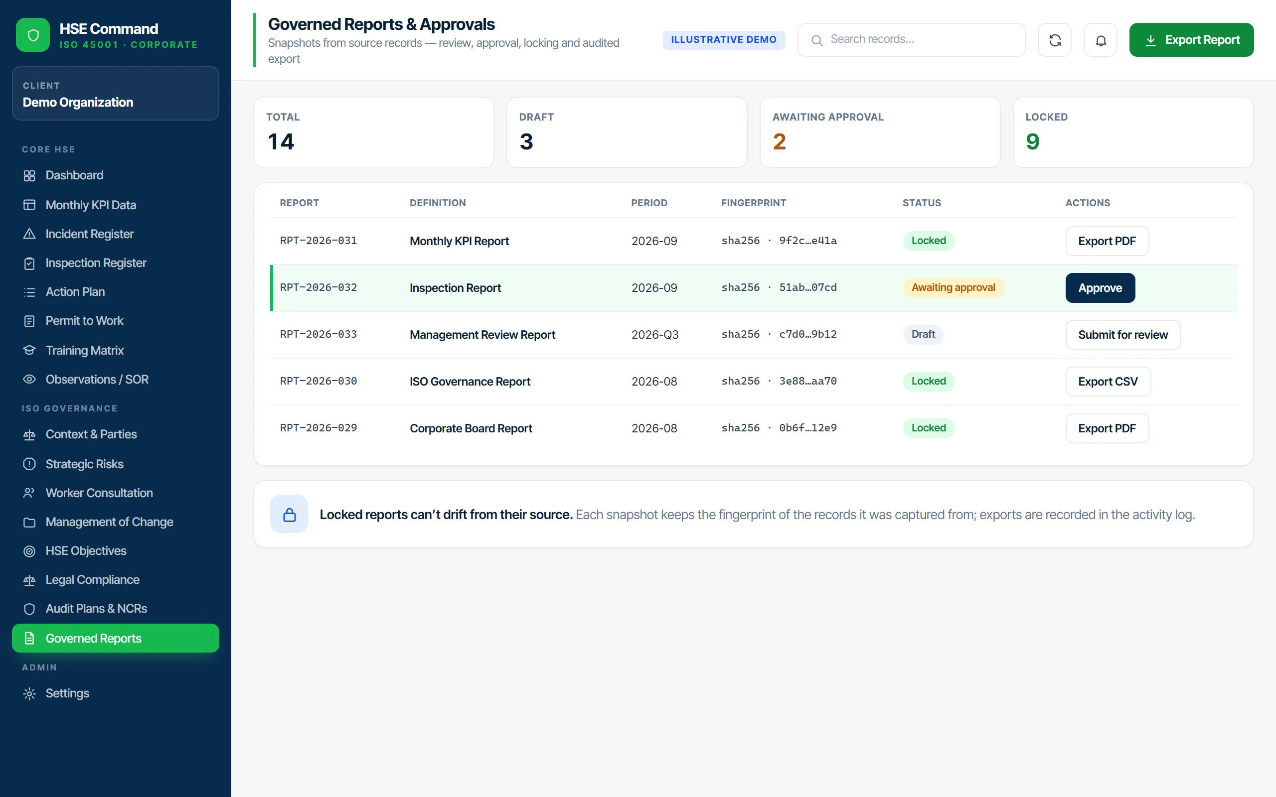 Governed reports list with draft, awaiting approval and locked statuses.