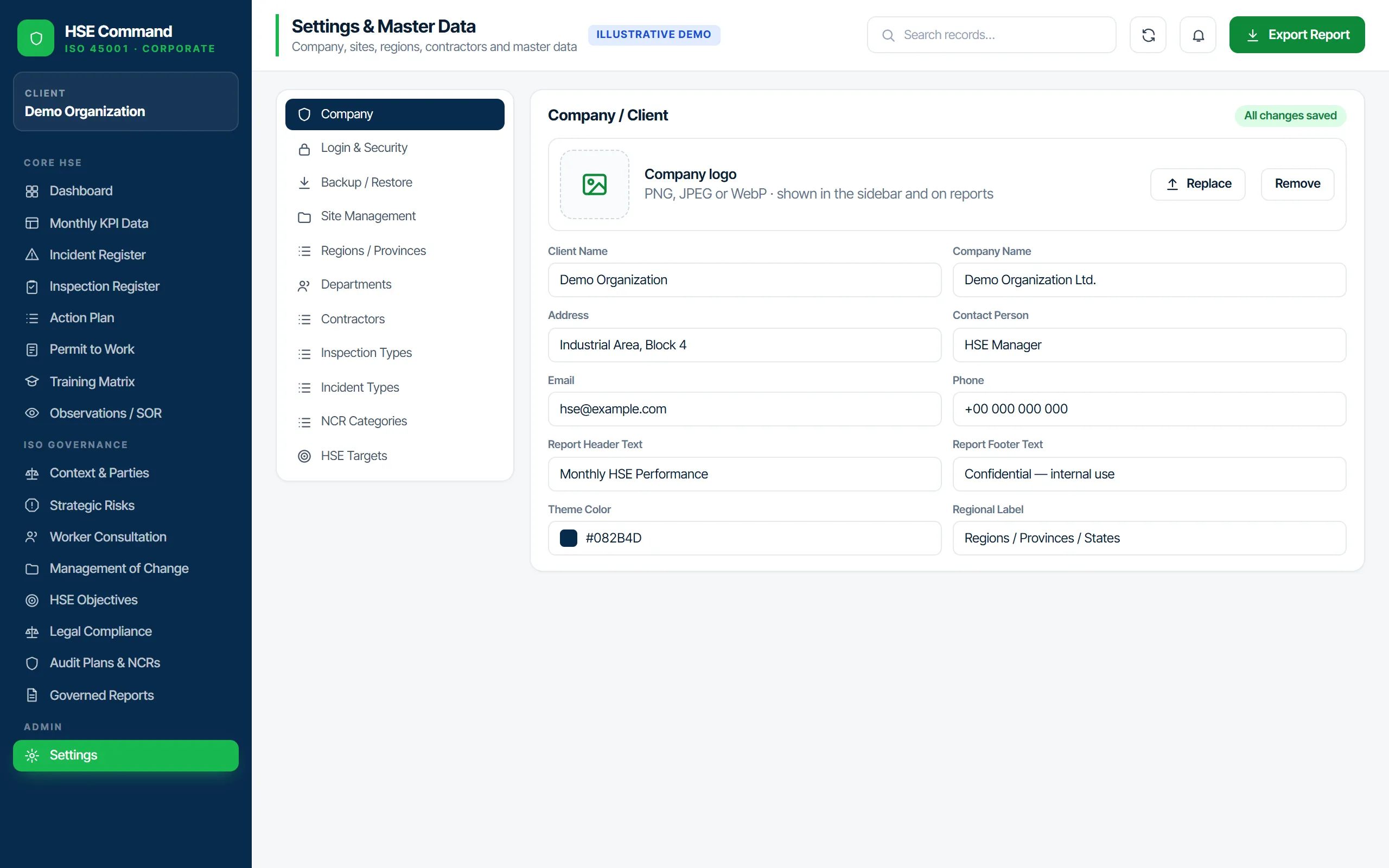Settings and master data screen with company details.